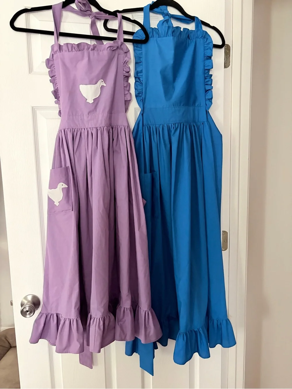 Women’s vintage Handmade Ruffled Apron with Duck Patch - Purple and Blue